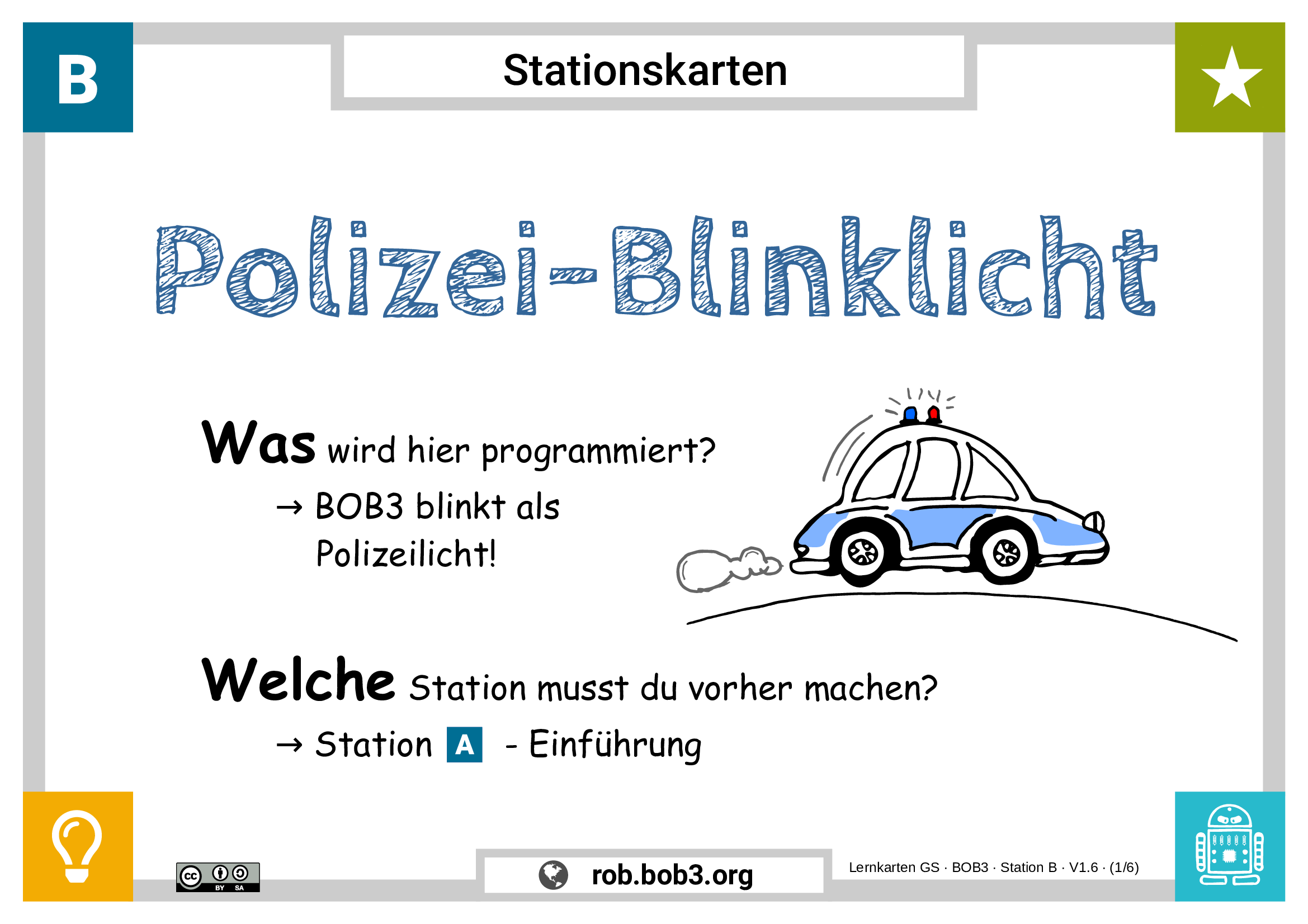Lernkarte für die Grundschule: Programmieren mit BOB3 und Open Roberta, Station B, Deckblatt