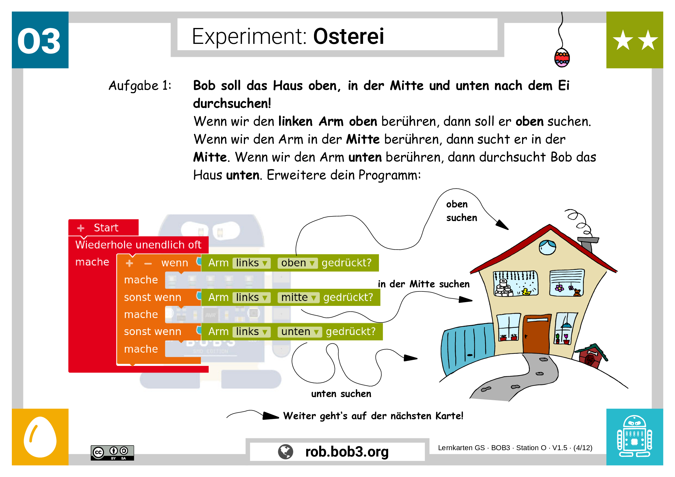 Lernkarte für die Grundschule: Programmieren mit BOB3 und Open Roberta, Station O, Karte 3