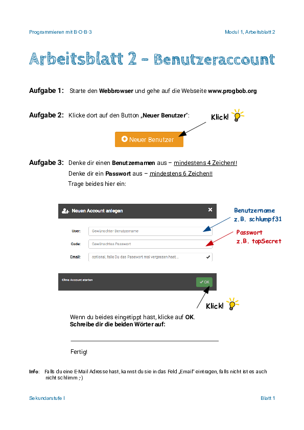 Arbeitsblatt 2 - Benutzeraccount - Deckblatt