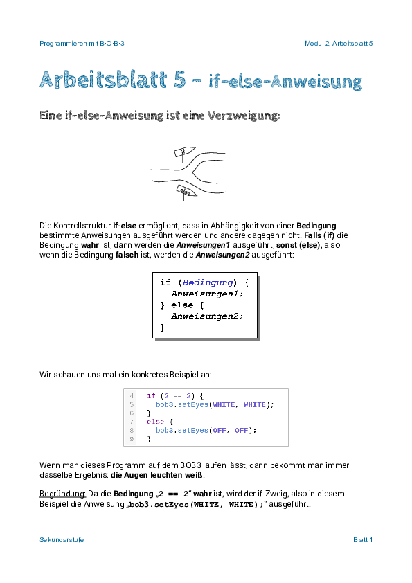 Arbeitsblatt 5 - if-else-Anweisung - Deckblatt